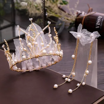 FORSEVEN Salds Dzijas Ziedi Imitētu Pērles Diadem Princess Tiara Vainagu Auskarus, Līgava, Līgavas Noiva Kāzu Matu Rotu Komplekts