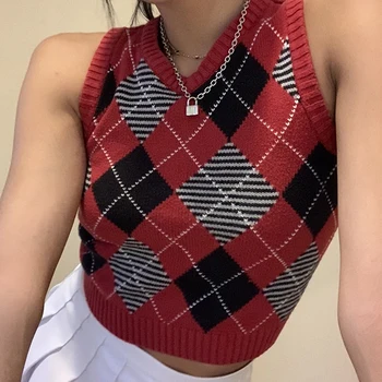 Korejas Argyle Pleds Trikotāžas Tvertnes Augšpusē Sieviešu Trikotāža Preppy Stils Y2K Drēbes V Kakla Ikdienas Kultūru Džemperi, Vestes 90s Streetwear