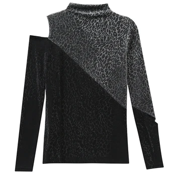 Leopard Sexy Strapless Sieviešu garām piedurknēm Pusē-augsta Kakla T Fall Winter Modes Slim T-krekls Sieviešu Apģērbu Tendence 2020. Gadam Krekls