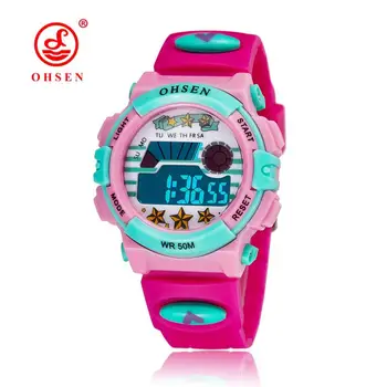 TOP pārdošanas 2016 OHSEN zīmolu digitālā kvarca Rokas pulksteni bērniem, meitenēm, 50M ūdensizturīgs rozā silikona siksniņa LCD atpakaļ gaismas modinātājs