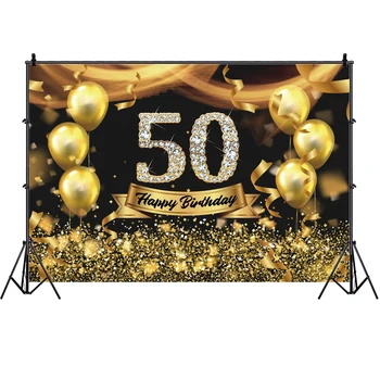 Zelta 50. Foto Fons Dāma Happy Birthday Party Apdare, gaisa Balons, Fotogrāfija Pieredzi Banner