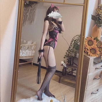 Gudrs Playboy Zaķis Kaķu Meitene Cosplay Sexy Kostīmi Japāņu Anime Catwoman Vienotu Kārdinājumam Samta Jumpsuit sānslīdi kaklasaite ar Bell