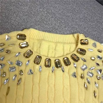 Luksusa Dimanta Skrejceļa Augstas Kvalitātes Frēzēšana Rudens Ziemas Vintage Trikotāžas Džemperis Elegants Izliekums, Violeta Dzeltena Pilnu Piedurknēm Džemperis