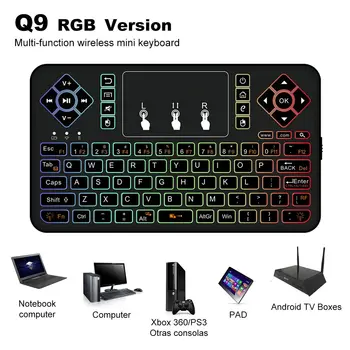 Q9 bluetooth Bezvadu 3 Krāsas, Backlit Touchpad Gaisa Peli, Mini Tastatūra Android TV Box Tālrunis RGB Lidot Gaisa Peli RemoteControl