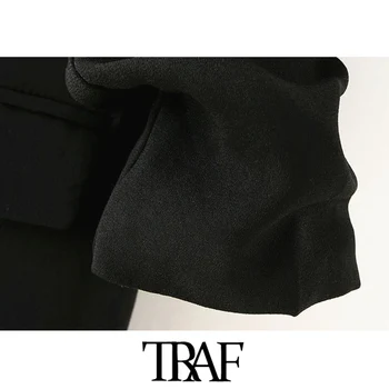 TRAF Sieviešu Modes Birojs Valkā Pamata Melna Žakete Mētelis Vintage Kroku Piedurknes Kabatas Sieviešu Virsdrēbes Šiks Topi
