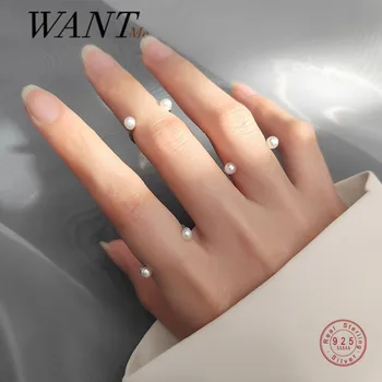 WANTME S925 Sudraba korejas Modes 3mm/4mm Pērle Smaidu, Atvērtu Pirkstu Gredzens Sievietēm Bohēmas Šiks Puse Sudraba Rotaslietas