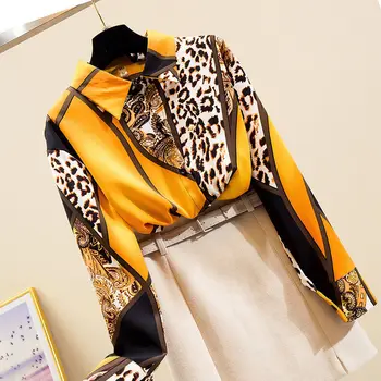 Leopards Drukāt garām piedurknēm Šifona Sieviešu Krekls Izšūšanas Zaudēt Vienu-krūšu Atloks Zemāko Sieviešu Blūzes Pavasara Rudens