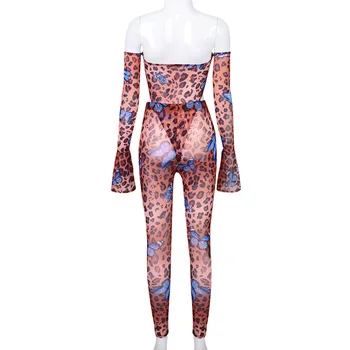 Joskaa leopard taureņu Sietu Iespiesti off-Plecu izlīdzināšanu Piedurknēm bodysuit tērpos, sexy gadījuma clubwear sieviešu divdaļīgs Kostīms