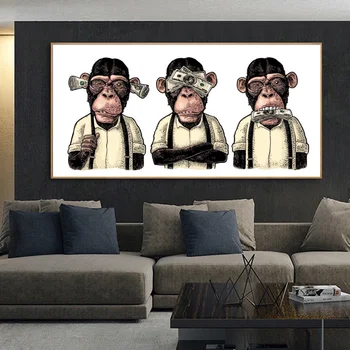 Dzīvnieku Plakāti un Drukas Trīs Pērtiķiem Gorilla ar Naudu Kanvas Glezna Cuadros Sienas Mākslu, viesistaba, Mājas Dekoru (Bez Rāmja)