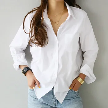 BGTEEVER Vienā Kabatā Balts Sieviešu Krekls Sievišķīga Blūze Tops ar garām Piedurknēm Gadījuma Savukārt-Apkakle OL Style Sieviešu Blūzes Brīvs