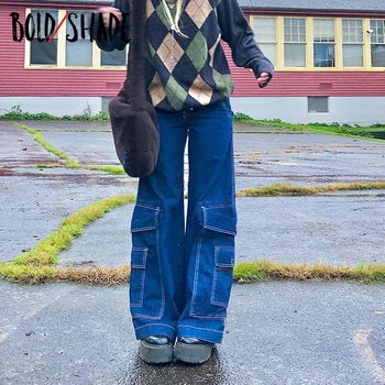 Drosmīgu Toni Skeiteru Stila Indie Draugs Baggy Bikses Y2k Streetwear Teen Modes 90s Džinsu Kabatas, Platas Kājas Augstās Jostasvietas Bikses