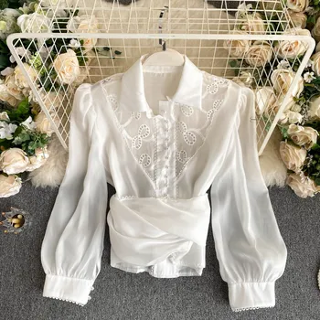 Rudens Krekls Sievietēm Jaunā Modes Izšūti Dobi Plānas garām Piedurknēm Topi Dāma vienkrāsainu, Elegants Apģērbs Blūze P980
