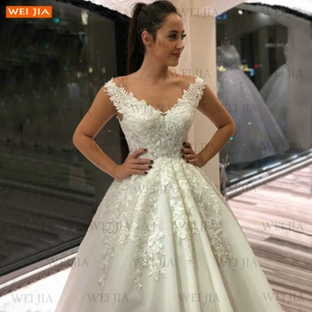 Modes Ziloņkaula V Kakla Kāzu Kleitas 2021 Bez Piedurknēm Hochzeitskleid Mežģīnes Up Appliqued Tilla Līgavas Kleitas Garo Vestidos De Noiva