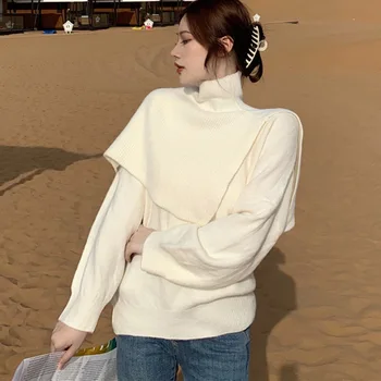 Džemperis Džemperis Elegent Sieviešu Modes Rudenī Jaunā garām Piedurknēm augstu uzrullētu apkakli Noņemams Personības 2020. Gadam vienkrāsainu V-veida kakla Adīt
