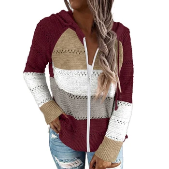 Svītrains kapuci trikotāžas džemperis 2020. gada rudenī jaunu Gadījuma sieviešu džemperis plus lieluma Modes streetwear rāvējslēdzēju jaka