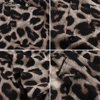 INCERUN 2021. gada Vasaras Leopards Drukāt Krekli Vīriešu Modes Īsās Piedurknes Atloks, Krekls Gadījuma Ziedu Blūze Vīriešiem Havaju Pludmales, Topi 5XL
